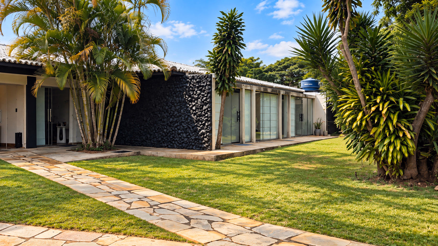 Arquitetura envidraçada integrada ao jardim lateral